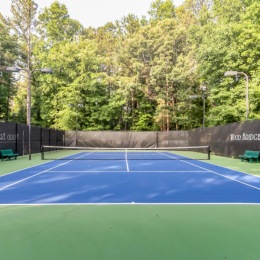 a tennis court with trees in the background